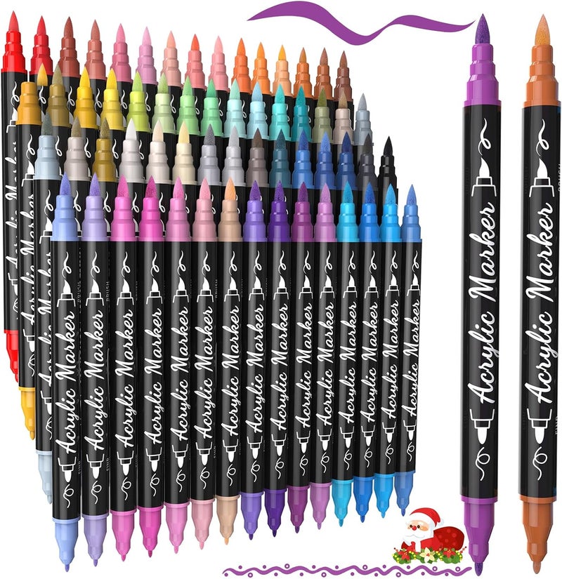 TOSHARE 60 Colors Acrylic Paint Markers - Waterproof Dual Tip Acrylic Paint Pens with Brush & Fine Tip Professional Marker Set Scrapbook Markers for Paper Rock Wood Fabric Glass Ceramic and DIY Crafts - Image 1